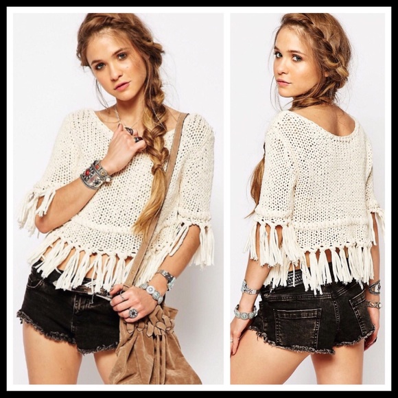 FREE PEOPLE TASSEL FRINGE PULLOVER KNIT CROP TOP - Picture 6 of 8